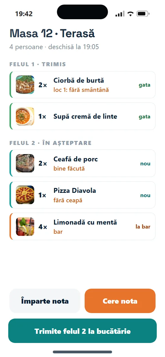 Comanda mesei 12 pe telefonul ospătarului.