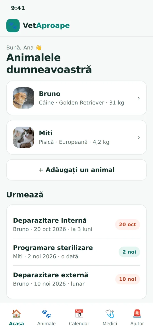 Dashboard proprietar: animale, remindere, consultații.