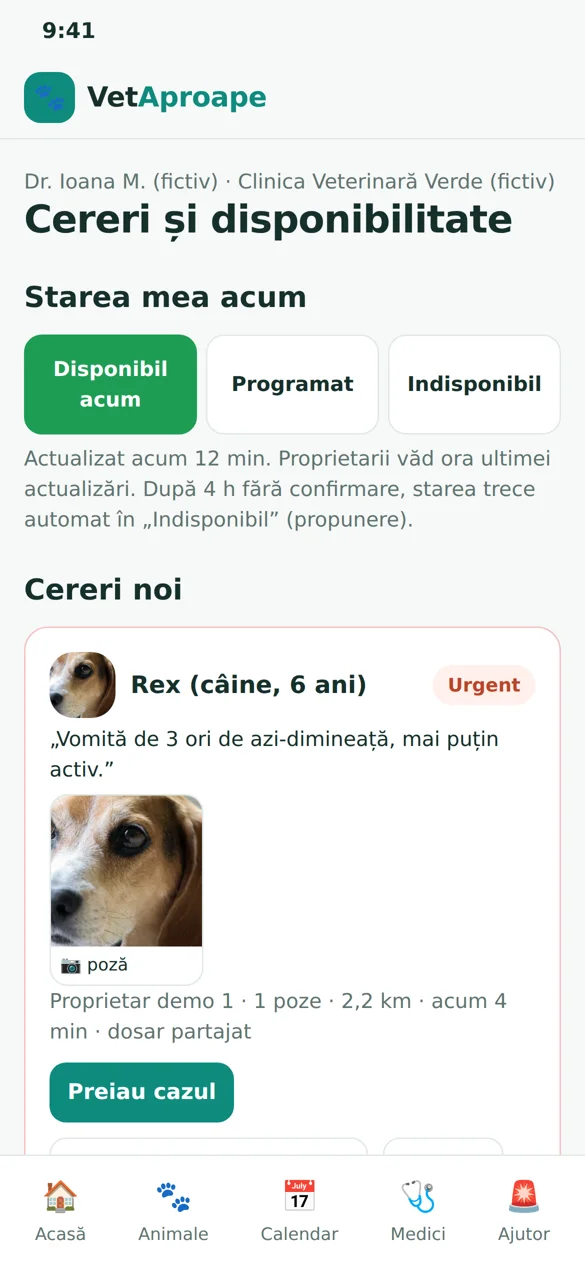 Dashboard medic: stare, cereri, ziua de azi.
